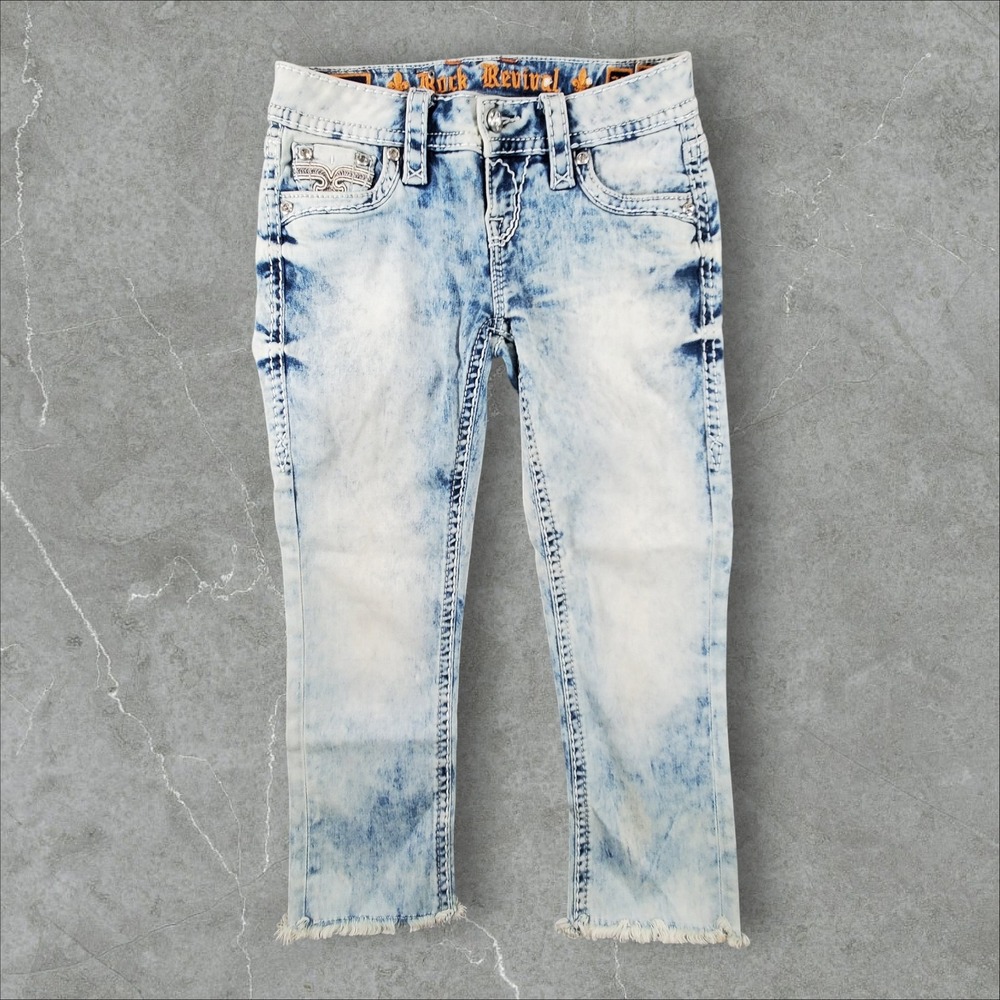 Rock Revival Pilkin Crop Jeans Women 25 Light Blue Acid Wash Frayed E1041CP401